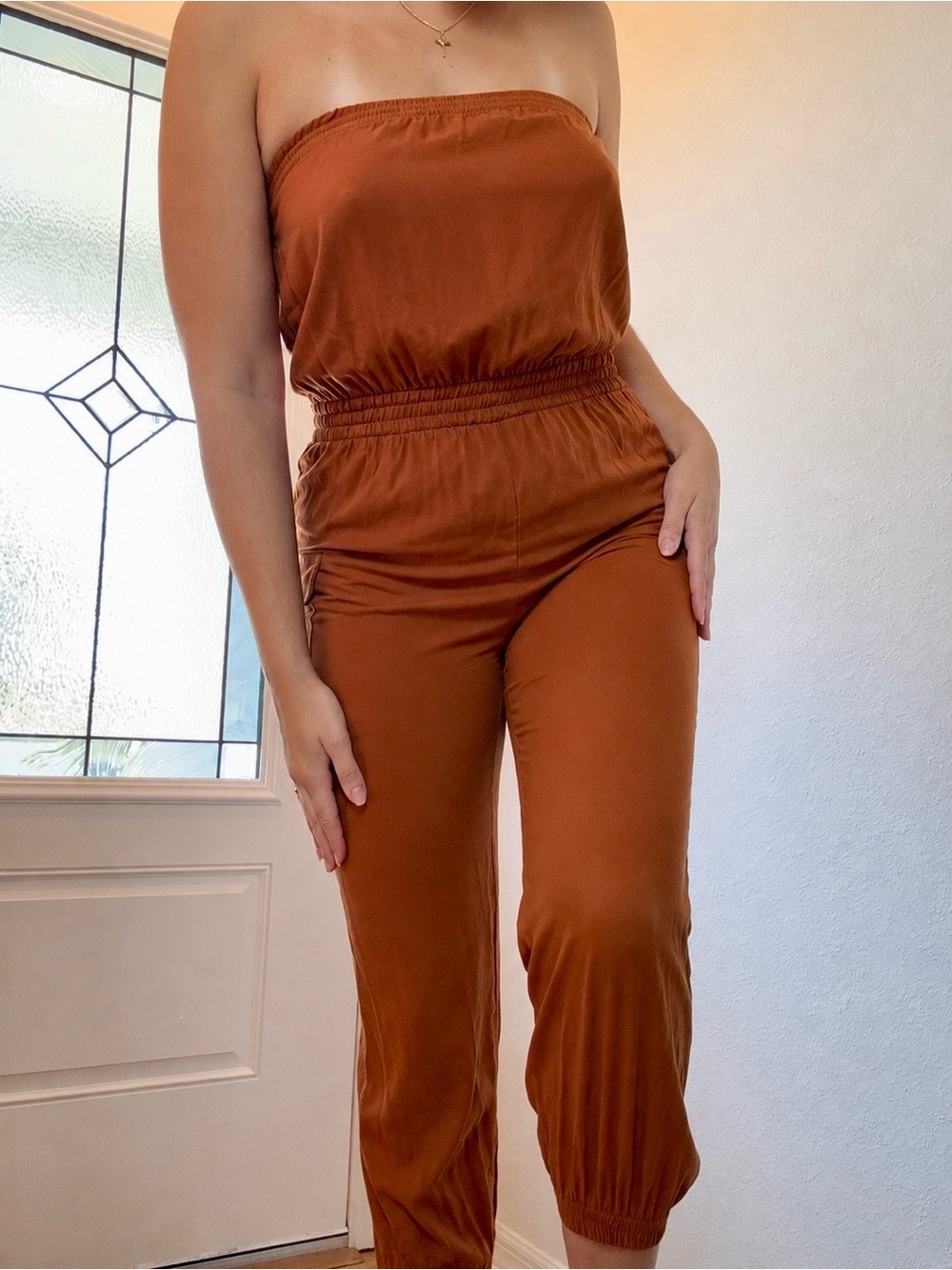 Strapless Smocked Waist Jumpsuit in Burnt Orange